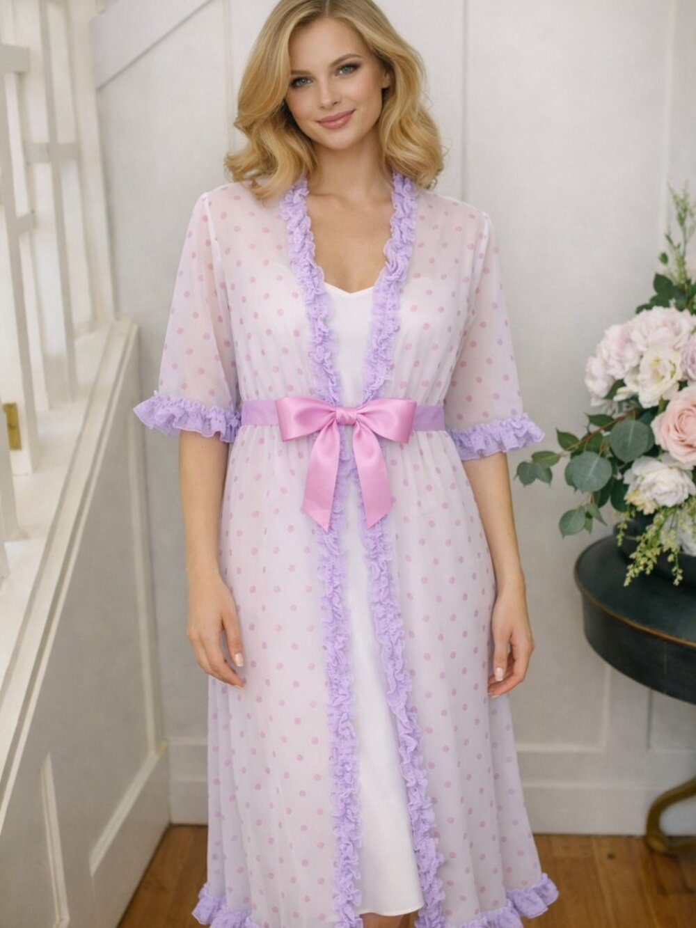 Vintage 1950-60's Peignoir sheer night gown | vintage sheer polka dot robe